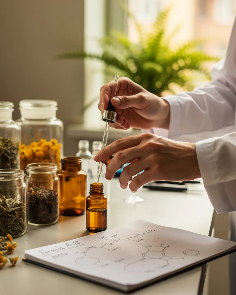 Cosmetic chemist hands working with botanical serum vials in laboratory