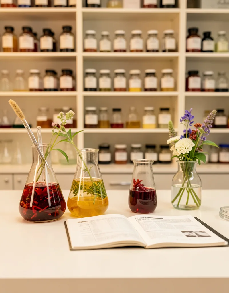 Cosmetic chemistry laboratory equipment including beakers and botanical ingredient samples on a clean white workbench