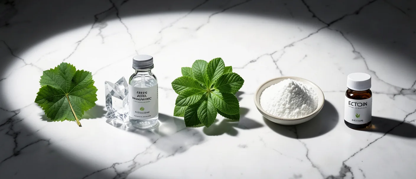 Scientific arrangement of skincare active ingredients including botanical plant extracts and molecular structure visualisations