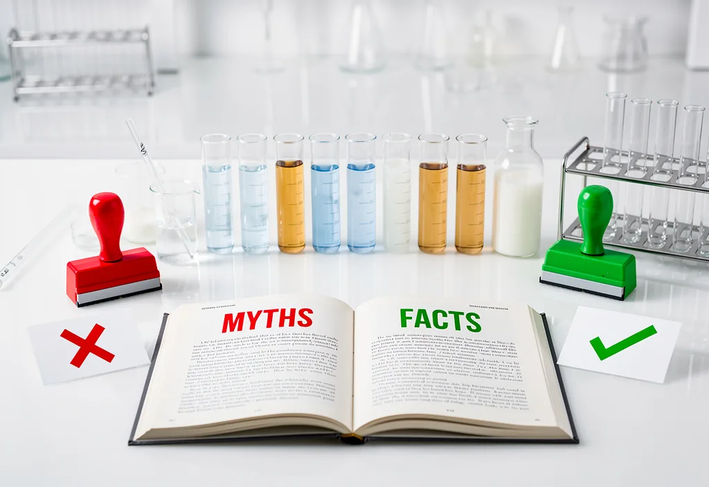 Clean scientific laboratory setting with glassware, plant extracts, and a notebook open to skincare formulation notes