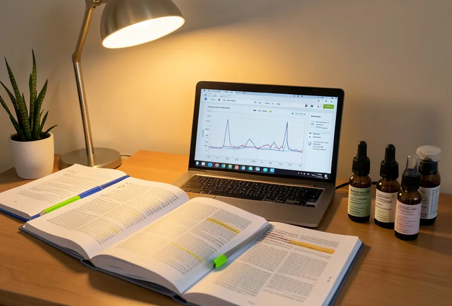Research desk with open scientific journals, dropper bottles of skincare serums, and handwritten formulation notes