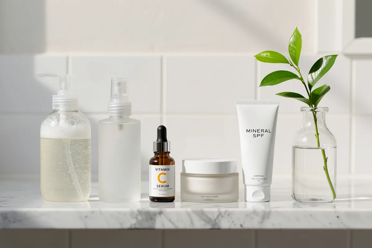 Clean beauty skincare routine products on marble bathroom shelf