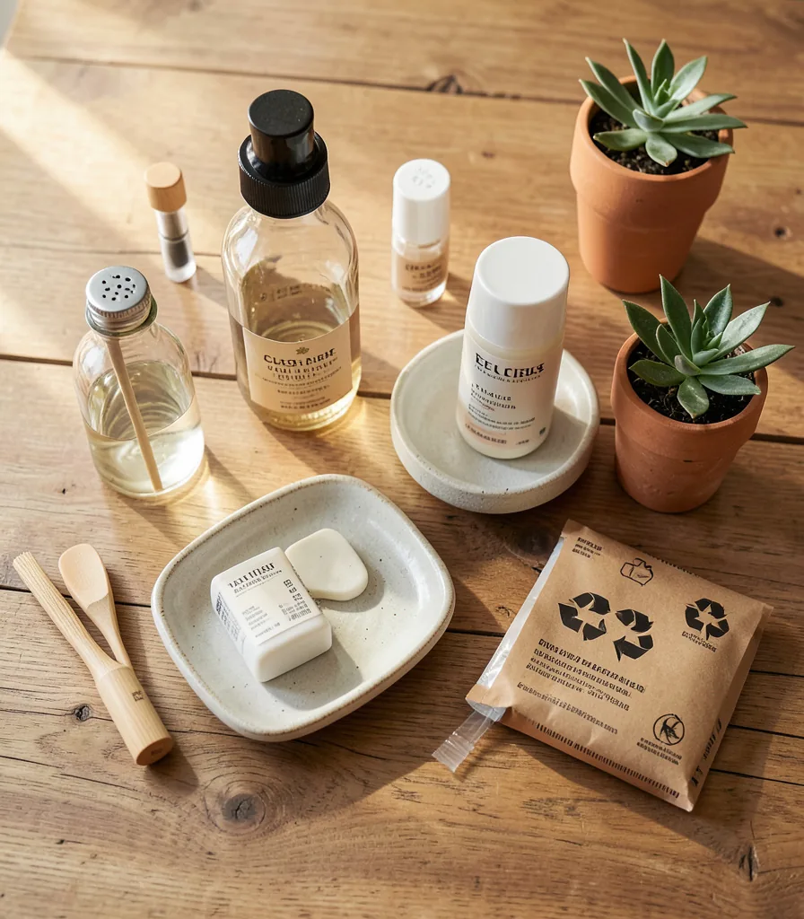 Minimalist zero-waste beauty routine with solid bars, glass refillable containers, and zero-plastic packaging on a natural wood surface